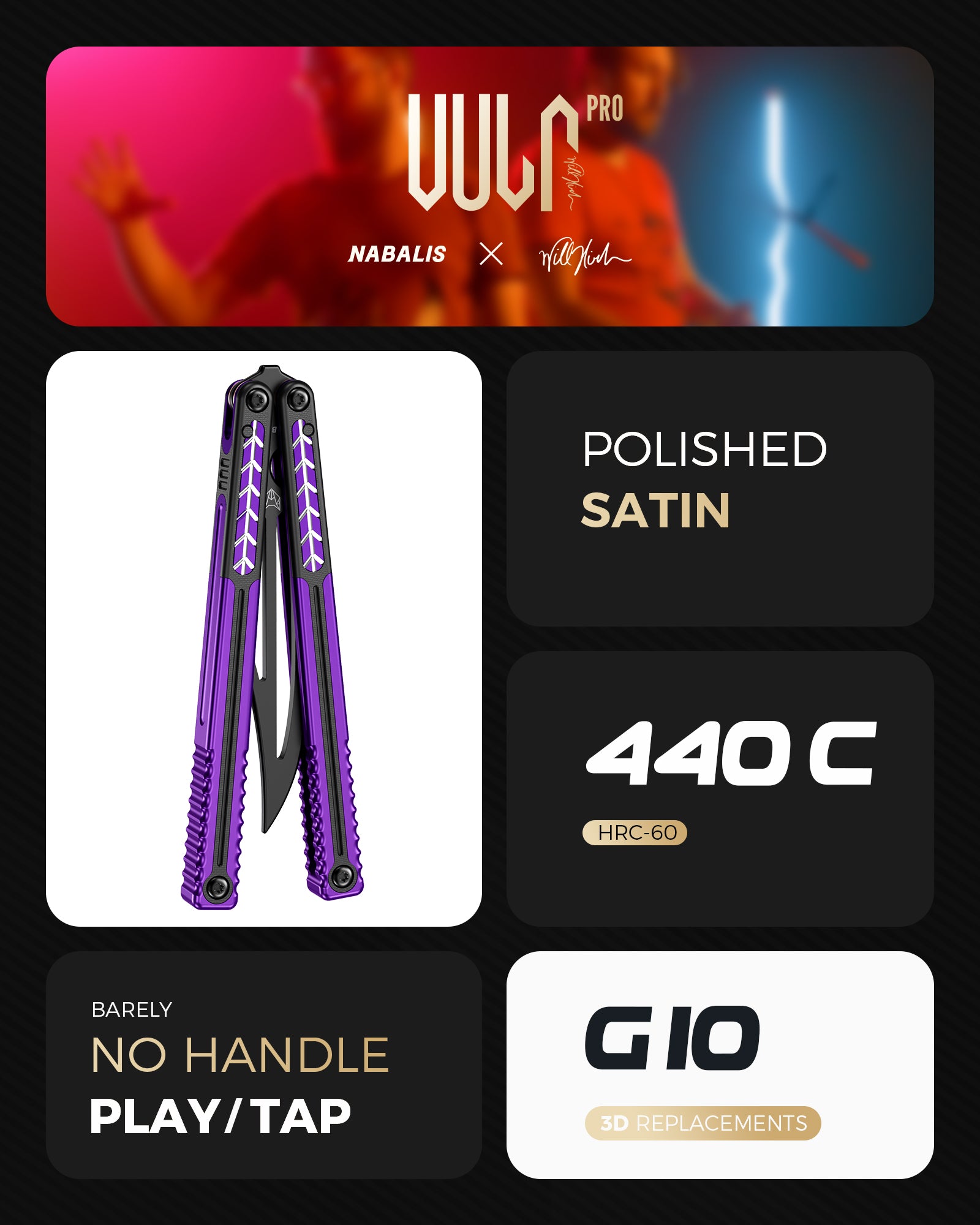 Nabalis Vulp Pro 버터플라이 나이프 트레이너 G10 & 7075 AL 핸들