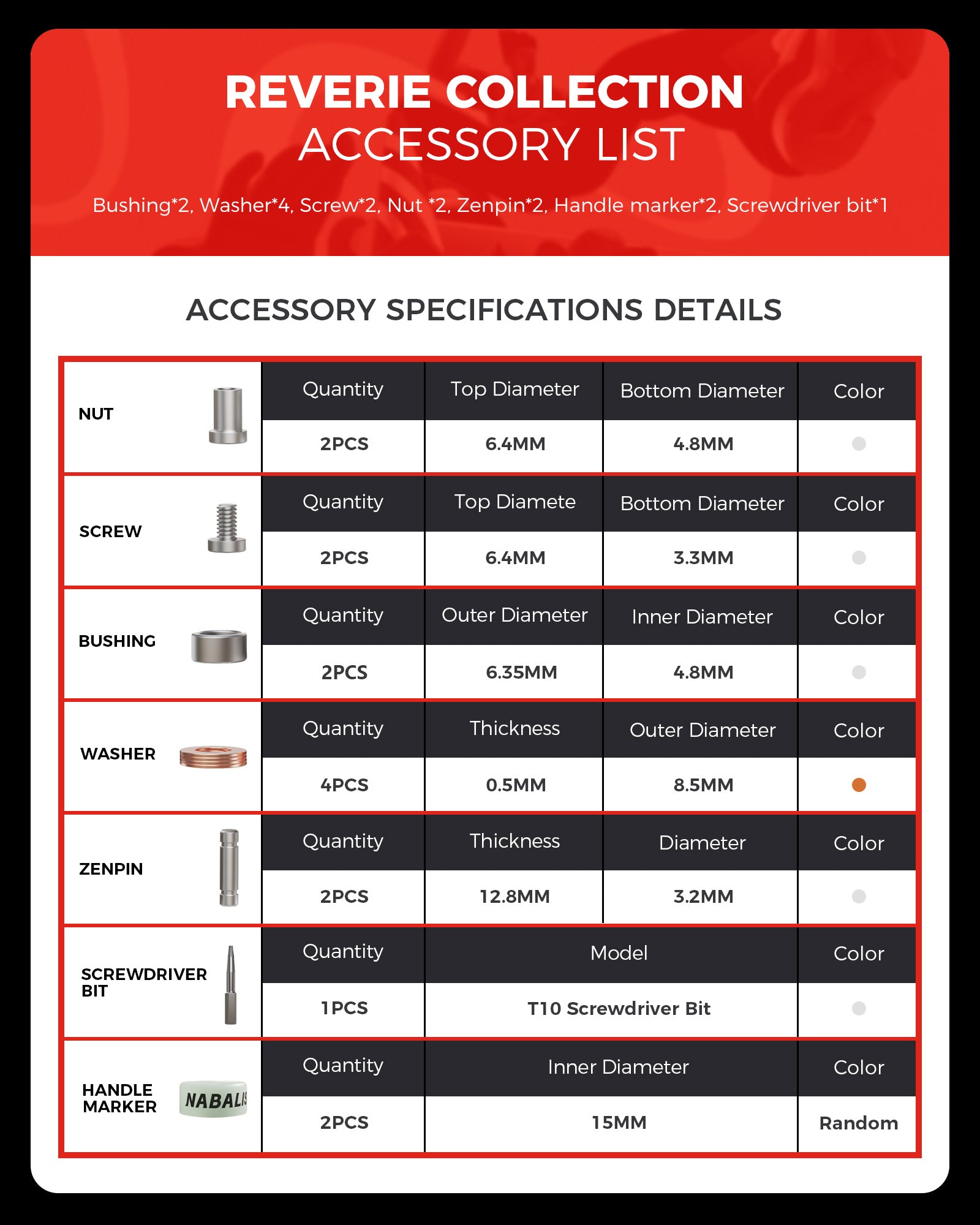Nabalis Bushing Balisong용 버터플라이 나이프 하드웨어 키트